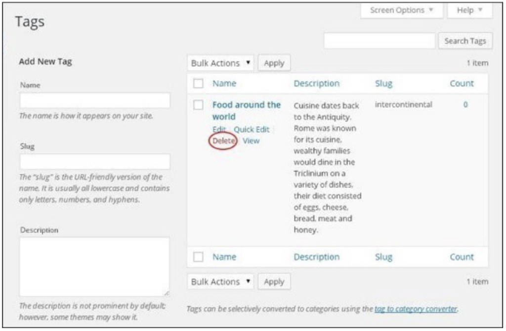 Wordpress tags. Add tag WORDPRESS. Delete tags.