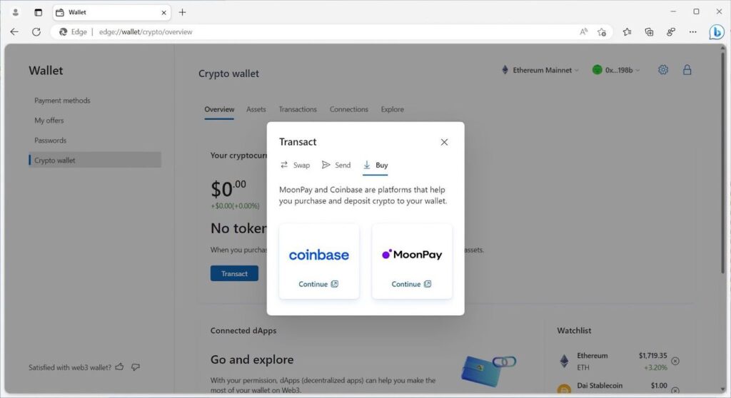 Microsoft testing crypto wallet for Edge